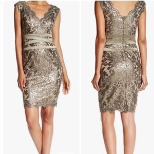 Tadashi Shoji Lace Gold Sequin Overlay Taupe Smoked Pearl Cocktail Dress Sz 2